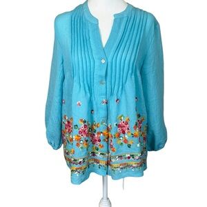 Figueroa & Flower Teal Aqua Blue Floral Embroidered Boho Top‎ Sm Festival Hippie